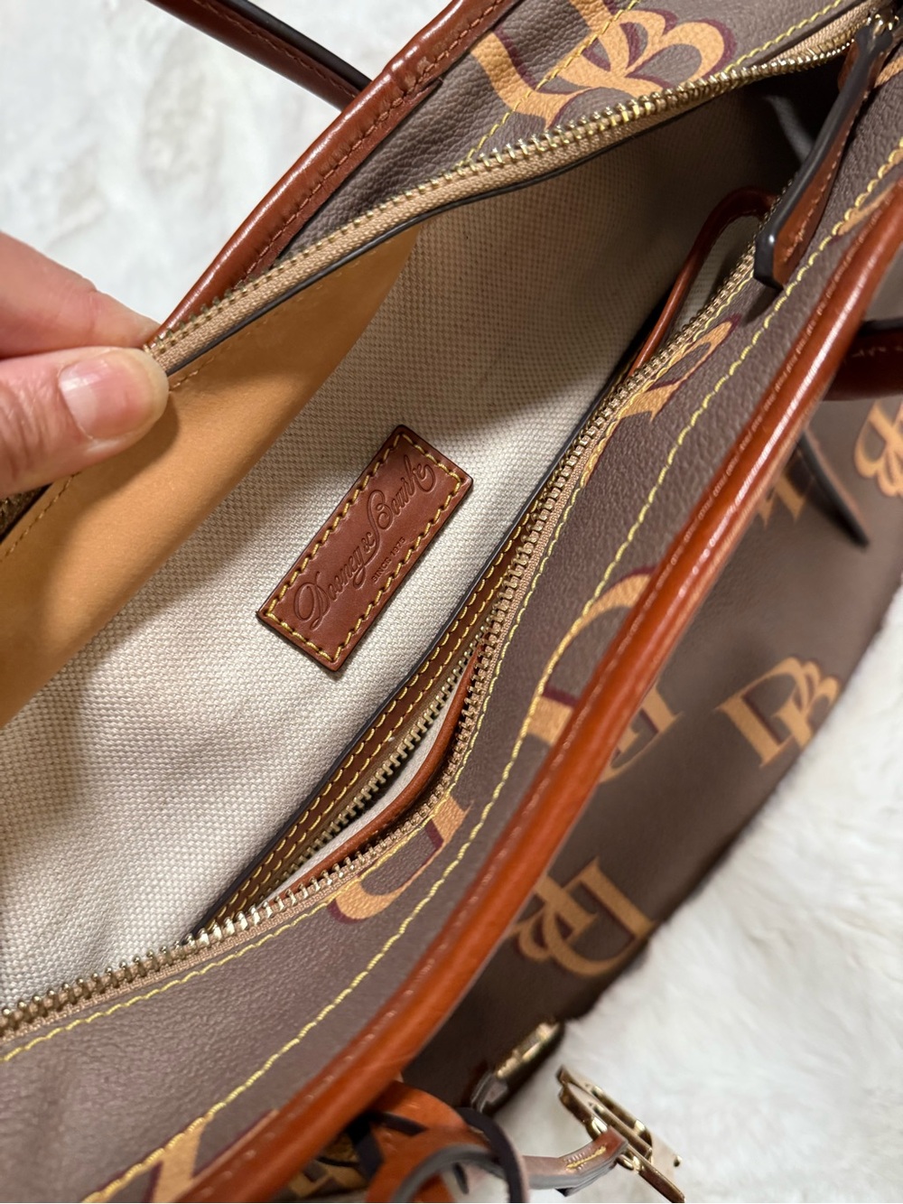 Dooney and Bourke  Monogram Taupe Yellow Tote Bag with Tan Trim - Picture 10 of 10